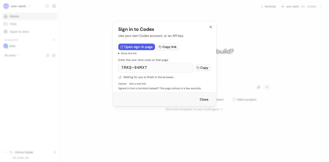 Sign in to Codex: open the sign-in page and enter the one-time code